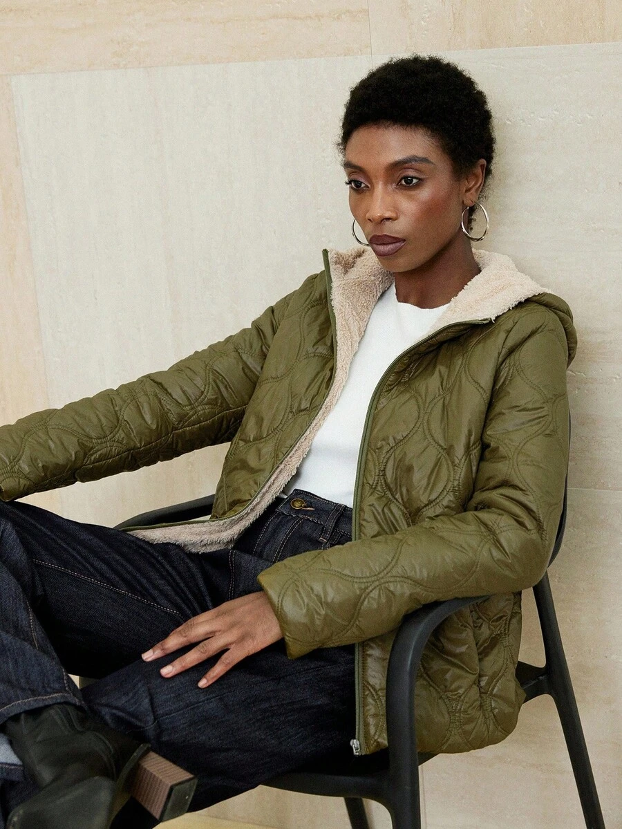 GENKIRA Abrigo acolchado para mujer con forro elegante y de moda, polar suave y cómodo, diseño clásico de pespunte acolchado - Verde militar - Ver 1
