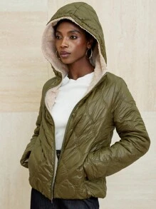 GENKIRA Abrigo acolchado para mujer con forro elegante y de moda, polar suave y cómodo, diseño clásico de pespunte acolchado - Verde militar - Ver 2