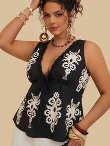 SHEIN VCAY 大码女式黑色复古印花吊带背心，V 领蕾丝花边腰部 A 字形细肩带 - 黑色 - 查看 6