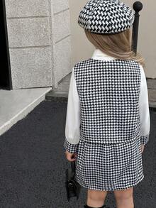 SHEIN Elladie kids 3 Stücke Mädchen (Kleine Größe) Hahnentrittmuster Schleife Ärmellose Weste Jacke, Langarm Kragen Lässig Beige Hemd Bluse mit Perlknöpfen, Hahnentrittmuster Rock Set, Frühling/Herbst Mode Outfit