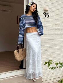 SHEIN EZwear 女式彩色条纹长袖上衣，夏季 - 藍白色 - 查看 4
