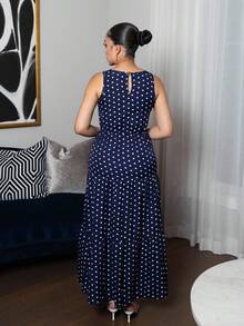 Melissa Matos Polka Dot Sleeveless Ruffle Hem A-Line Dress Maxi Women Outfit - Navy Blue - View 5