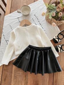 LMoss Kids LMoss 女婴两件套，包括一件纯色针织圆领T恤和一条PU皮裙。女婴两件套，女童两件套服装，女婴蝴蝶结套装，两件套女婴服装，女婴两件套，秋季服装，秋季套装，女婴秋季服装，秋季套装，女婴冬季秋季服装。