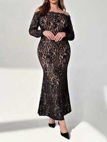 Auralis Plus-Size Elegant Ladies Dress, Lace Dress, Ladies Fall Dress, Autumn Dress, Long Sleeved Dress, Straight Shoulder Dress, Off Shoulder Lady Dress, Fall Clothes For Women Birthday Dresses For Women Fall Dresses For Women Black Formal Dress Women,Lace Dress Off The Shoulder Dress Dresses For Wedding Event Lace Skirt Elegant Dresses,Elegant Dresses For Women