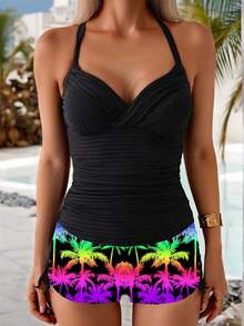 Swim Lushoire 2 件套女式吊带罗纹椰子树印花性感比基尼上衣和抽绳短裤，休闲沙滩泳装 - 彩色 - 查看 1