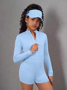 SHEIN 3 件套青少年女孩长袖拉链立领 T 恤、背心和紧身裤运动套装淡蓝色套装蓝色套装 - 藍色 - 查看 10