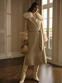 MOTF PREMIUM WOOL CONTRAST FUZZY DETAIL PATCH POCKET BELTED OVERCOAT - Beige - View 7