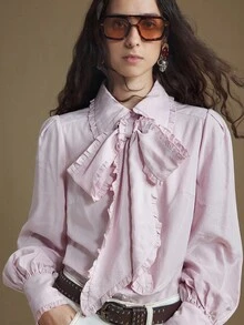 Ontre Blusa de mujer de estilo moderno urbano, color rosa, con volantes, botones de concha, silueta entallada, cuello de solapa, manga larga, manga farol, cuello de corbata, casual de negocios, ropa de otoño, nueva llegada 2025