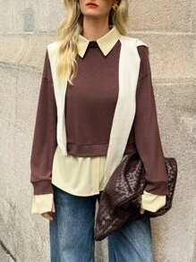 Elyressa Women's Contrast Color Lapel Drop Shoulder Long Sleeve Loose Casual T-Shirt - Khaki - View 5