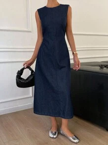 Livesso 女式夏季圆领束腰无袖露背牛仔连衣裙 - 藍色 - 查看 3