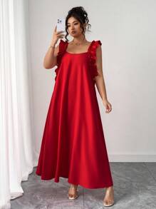 SHEIN PETITE Váy maxi cổ vuông không tay viền bèo màu trơn thanh lịch dành cho nữ cỡ lớn mùa Giáng sinh, mùa hè - Đỏ - Xem 9