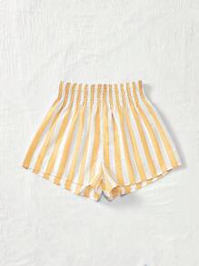 SHEIN VCAY 度假宽松高腰条纹阔腿女士短裤 - 黃色 - 查看 3