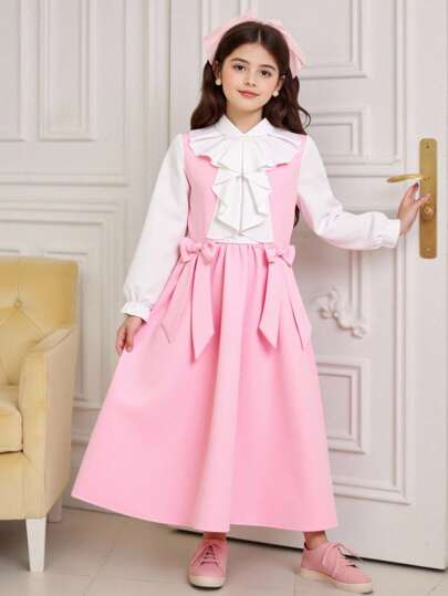 1 件年轻女孩时尚拼布白色和粉色甜美学院风蝴蝶结装饰后拉链领长袖连衣裙，女孩春秋装，返校装，适合日常场合