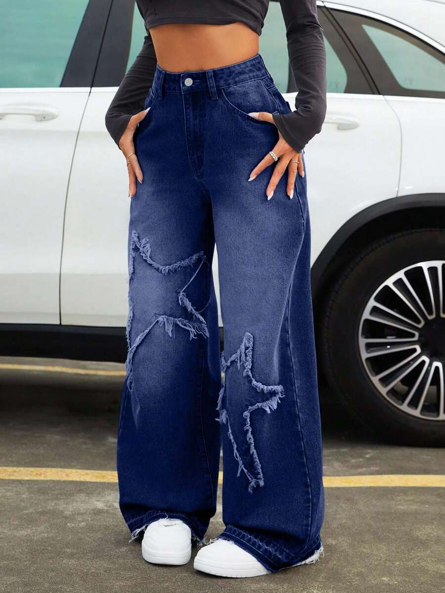 EURMUSE Women's Minimalist Daily Wear Pentagram Pattern Jeans - Dark Wash - View 1