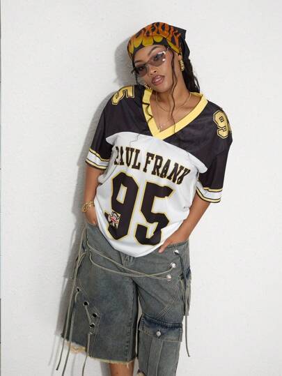 Paul Frank X ROMWE T-shirt ample style maillot de basket avec imprimé blocs de couleurs et rayures pour femmes grandes tailles