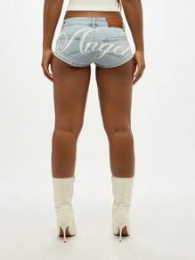 SUMWON WOMEN 复古风格牛仔热裤经典标志印花中腰夏季节日海滩做旧浅色洗水迷你短裤俏皮剪裁 - 藍色 - 查看 2