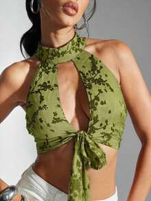 Denimoi 露背 O 形环五金细节前开后开吊带上衣性感风格外出俱乐部演唱会女生夜总会节日夏季 - 綠色 - 查看 5