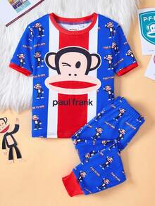 Paul Frank X SHEIN 2 件套小男孩卡通图案圆领短袖上衣和紧身裤睡衣套装，休闲有弹性 - 藍色 - 查看 1