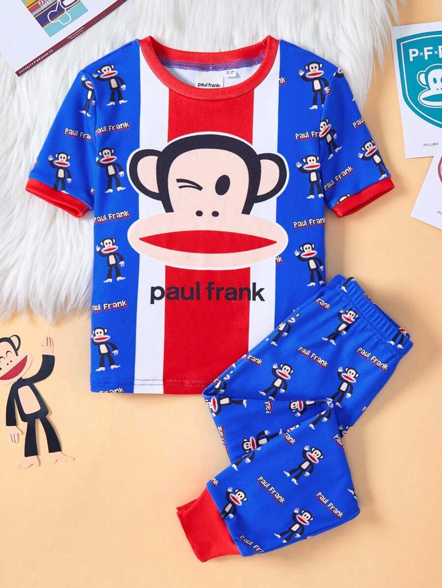 Paul Frank X SHEIN 2 件套小男孩卡通图案圆领短袖上衣和紧身裤睡衣套装，休闲有弹性 - 藍色 - 查看 1