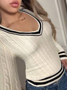 SHEIN EZwear Women Casual Contrast Trim Fitted Knit Sweater, Autumn/Winter,Tops For School - Beige - View 3