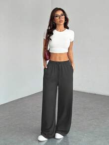 SHEIN PETITE Quần nỉ ống rộng dệt kim màu trơn thoải mái và giản dị dành cho nữ - Màu xám đen - Xem 3