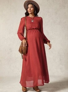 Boho Mama Maternity Solid Color Round Neck Lantern Sleeve Casual Dress - Red - View 6