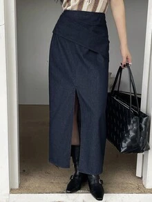 DAZY 女士优雅裹身直筒牛仔裙，带开衩和褶裥 - 中等水洗藍 - 查看 5