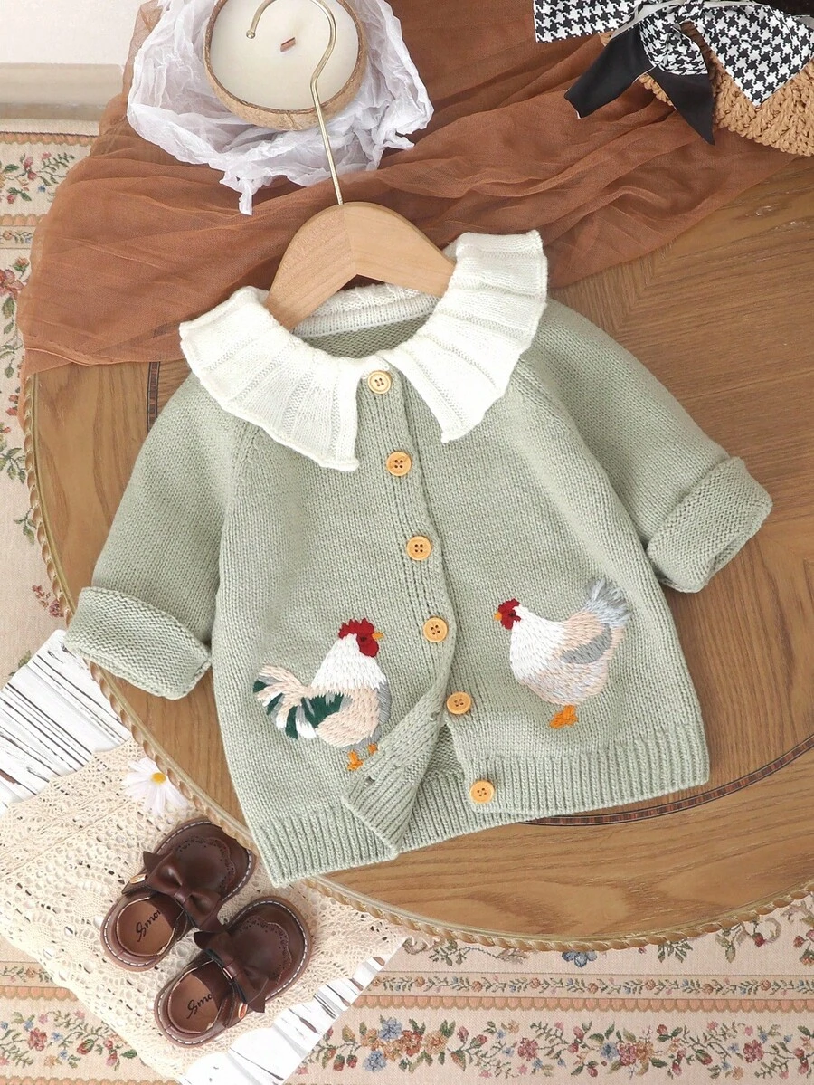 SHEIN Vintaside Kids 1pc Baby Girls' Pink Ruffle Collar Cardigan Sweater Jacket, Animal Embroidery Long Sleeve Casual Outerwear Baby Cardigan Baby Girl Cute Sweater Jacket Newborn Cardigans Baby Chicken Sweater Baby Rooster Cardigan Baby Chicken Cardigan Baby Farm Clothes Goose Baby Outfit Fall Winter - Green - View 1