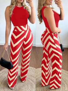 INAWLY Elegant Fitted Round Neck Tank Top & Straight Leg Pants Sexy Ladies Jumpsuit