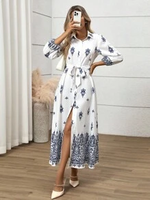 Gloray Women's Elegant Faux Linen Bamboo Knot Waist Dress - Blue and White - View 3