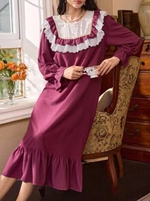 Côtesoire Váy ngủ nữ viền bèo nhún phong cách cung điện Pháp, Thu Đông - Màu tím - Xem 4