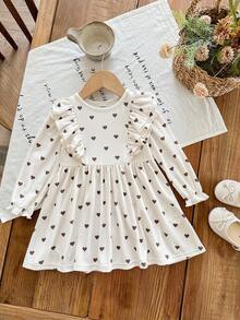 LMoss Kids LMoss Baby Girl Woven Heart Pattern Ruffle Hem Round Neck Casual Dress Baby Girl Long Sleeve Dress Baby Girl Dress Heart Print Dress Baby Heart Dress Baby Cream Dress Fall Winter - Apricot - View 5