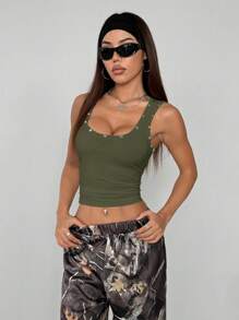 Flirla Women's Streetwear Rivet Design Fitted Cropped Tank Top - Dark Green - View 5