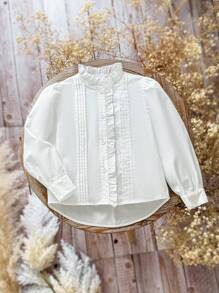 SHEIN 年轻女孩青少年女孩荷叶边领褶皱泡泡袖高低下摆法式衬衫，青少年女孩白色衬衫，可爱荷叶边生菜饰边，白色长袖衬衫纽扣衬衫长袖上衣长袖衬衫，秋冬季，非常适合休闲和日常穿着和学校日常，学院风格，返校 - 白色 - 查看 3