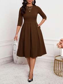 SHEIN Lady 春夏秋冬优雅办公室派对新年女士连衣裙 - 棕色 - 查看 4