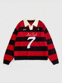 ROMWE MEN Prep Men's Striped Embroidered Long Sleeve Sweater, Loose Cropped Style, Fall Winter, Grunge Style