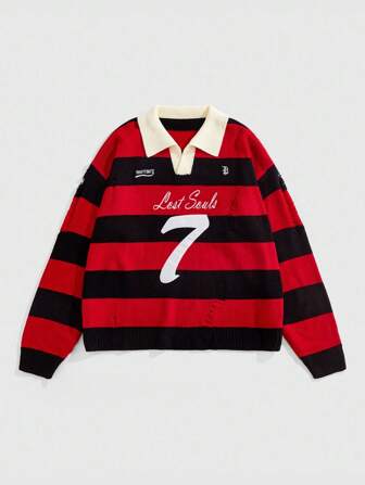 Street Life Men's Striped Embroidered Long Sleeve Sweater, Loose Cropped Style