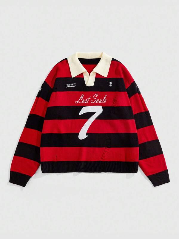 ROMWE MEN Prep Men's Striped Embroidered Long Sleeve Sweater, Loose Cropped Style, Fall Winter, Grunge Style