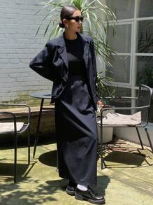 DAZY 2 件套女士商务休闲条纹翻领夹克和裙子套装，秋季 - 藏蓝色 - 查看 7