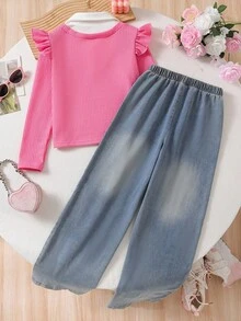 2 件套幼儿女童甜美公主风格服装，Polo 领纹理针织上衣 + 韩式刺绣花卉牛仔裤，时尚休闲运动学院风套装，适合度假、旅行、返校、所有季节 - 玫紅色 - 查看 2