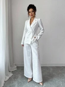 SHEIN Tall 女士优雅通勤白色提花面料缺口领双排扣装饰西装外套，长袖修身夹克+女士优雅通勤白色提花面料松紧腰长直筒裤 - 白色 - 查看 8