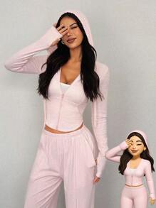 SHEIN PETITE 2pcs Women Pink Fresh Hooded Long Sleeve Top And Pants Set,Fall Women Clothes Two Piece Pants Set Long Sleeve Two Piece Set Casual Two Piece Set Tall Two Piece Set Hooded Two Piece Set - Pink - View 9