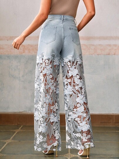 Anewsta Women's Fashion Lace Rhinestone Straight Leg Pants
