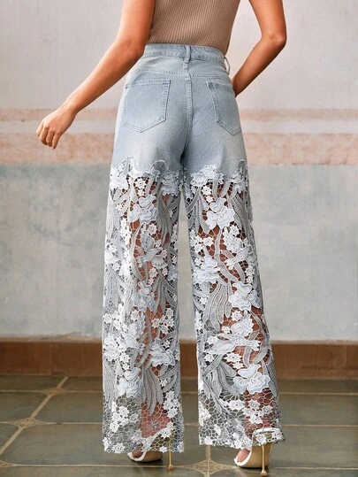 Anewsta 女性ファッション レース ラインストーン ストレートレッグパンツ