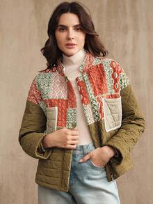 Anewsta 女士秋冬时尚印花拼布夹棉军绿色长袖夹棉大衣 - 軍綠色 - 查看 9