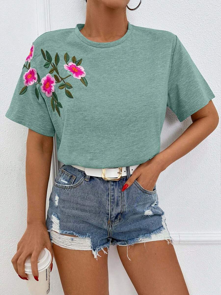 EURMUSE Áo thun cotton 100% thêu hoa, cổ tròn - Màu xanh Bạc hà - Xem 1