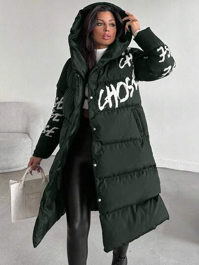 EURMUSE Women's Letter Pattern Long Sleeve Single-Breasted Casual Long Hooded Winter Jacket