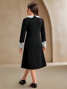 Tween Girls' Colorblock Patchwork Long Sleeve Dress Wedding, Party,Prom, Birthday,Halloween,Graduation - Black and White - View 2