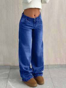 EURMUSE PETITE CASUAL LOW WAIST BAGGY LOOSE STRAIGHT LEG JEAN - Dark Wash - View 3