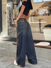 CasuGlow RueChic 100% 纯棉复古水洗 Y2K 高腰休闲阔腿裤，带原始斜口袋，适合日常休闲户外穿着 - 中等水洗藍 - 查看 2